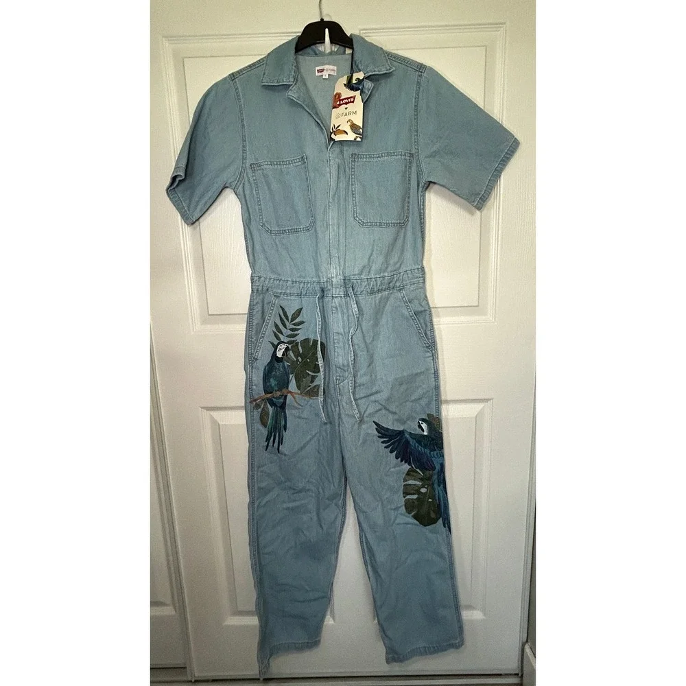Levi's x FARM Rio Luella Denim Jumpsuit Small Light Wash Blue Macaw Parrot NWT